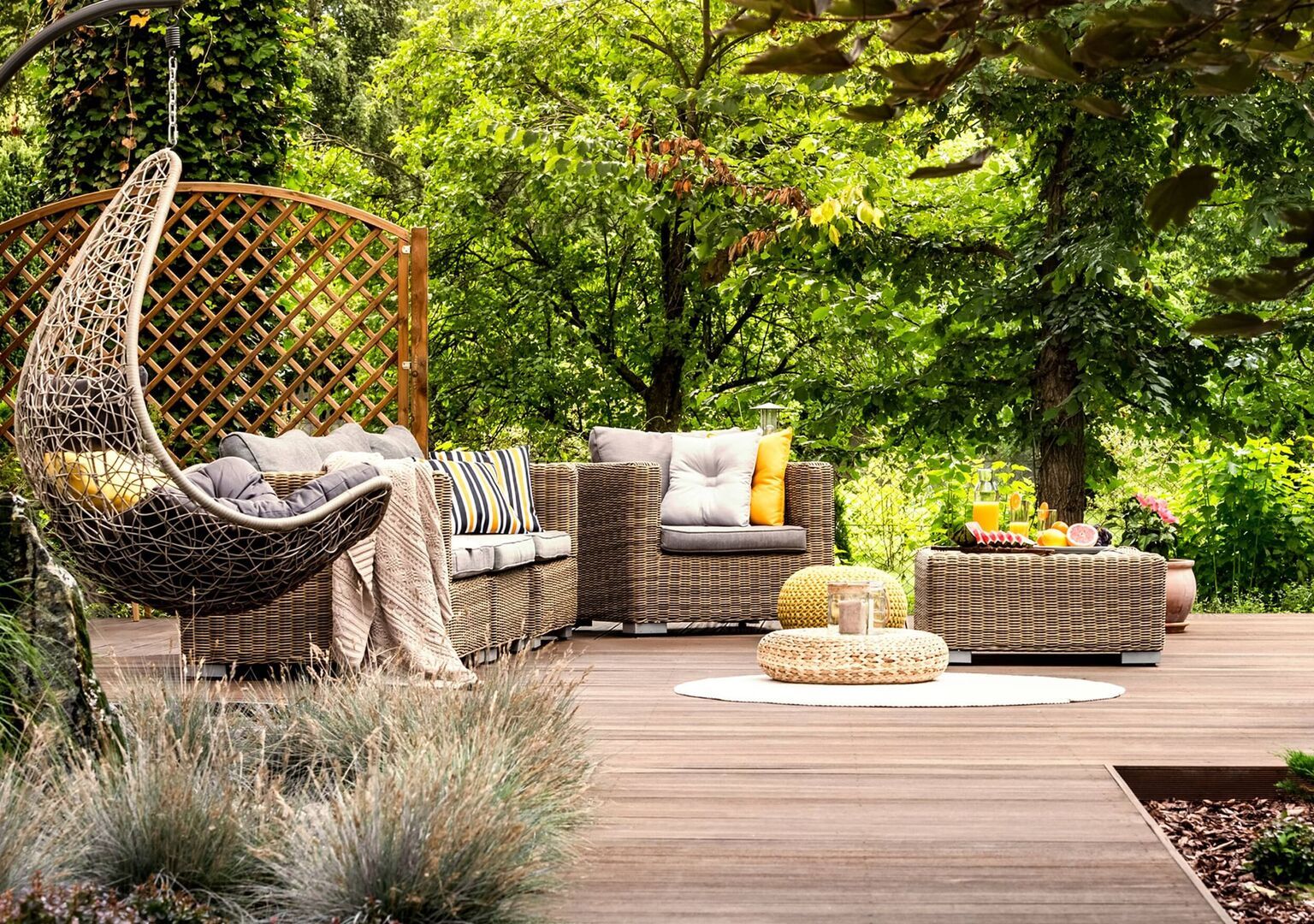 Wooden deck with green plants