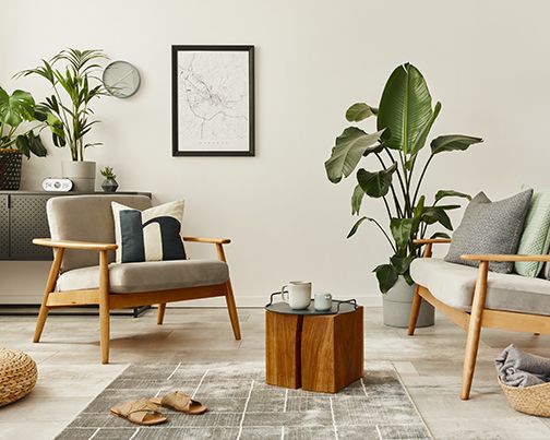 Beige room with green flowers in planters